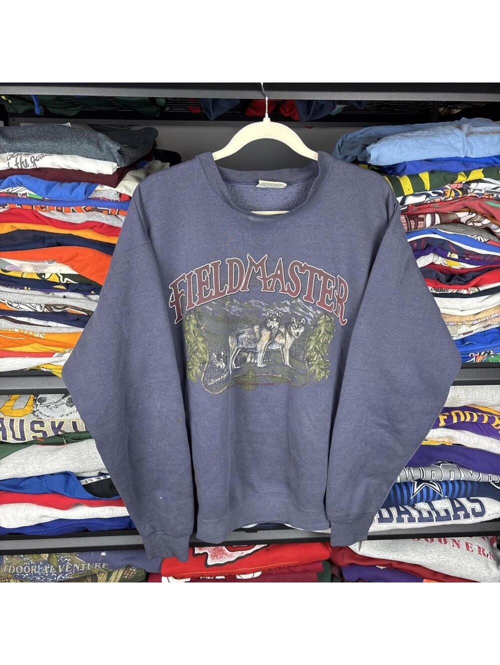 Vintage 90s Fieldmaster Wolves American Wildlife Nature Spellout Crewneck USA L